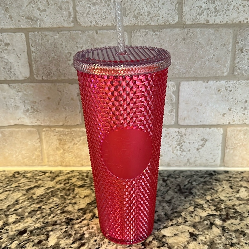 Starbucks shiny studded timber - hot pink with clear cap and straw